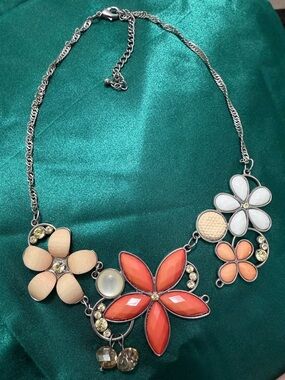 Floral Statement Necklace - Coral, Peach & White Flower Design